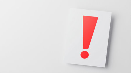 A minimalistic caution sign with a red exclamation mark on a white background, symbolizing alert.の素材