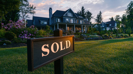 A luxurious bright home with a "SOLD" sign in the front yard, symbolizing real estate achievement.の素材