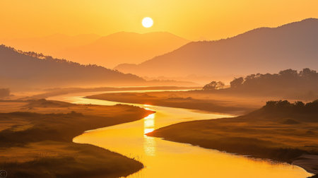 A river illuminated by golden sunset tones, creating a picturesque scene with warm colors and soft reflections.の素材