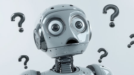 A quirky robot displaying a curious expression, with question marks bouncing around.の素材