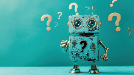 A playful, toy-like robot scratching its head, confused by floating question marks.の素材