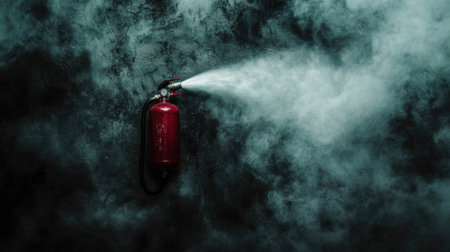 A red fire extinguisher mounted on a wall, actively spraying foam into a smoky environment.の素材