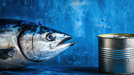 A seafood-inspired visual featuring a tuna fish and a neatly placed tin can, contrasted against a striking blue setting.の素材