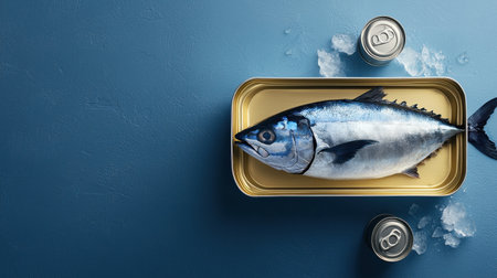 A seafood-inspired visual featuring a tuna fish and a neatly placed tin can, contrasted against a striking blue setting.の素材