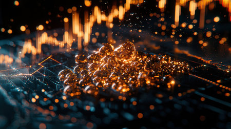 A pile of shimmering gold nuggets on a table with market graphs and stock trends behind them.の素材