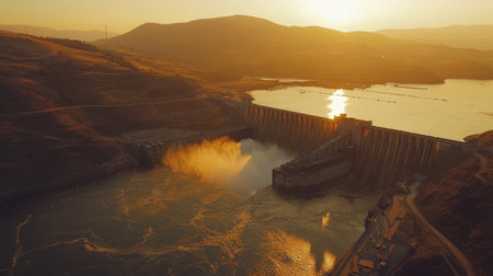 A sprawling hydroelectric dam under golden sunlight, showing the vast reservoir and gushing water outlets.の素材