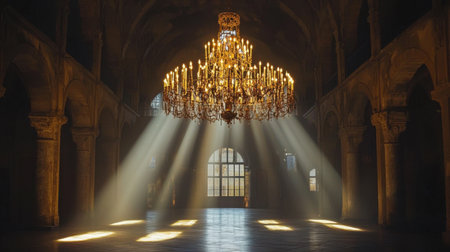 A vintage-style grand hall illuminated by a stunning golden chandelier, exuding timeless charm.の素材