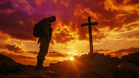A soldier bows his head before a cross, bathed in the deep orange and purple hues of the setting sun.の素材