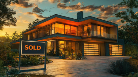 A stunning modern house with a crisp "SOLD" sign in the yard, glowing under golden sunlight.の素材