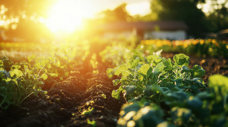 A stunning vegetable garden illuminated by warm evening sunlight, with fresh greens thriving in rich soil.の素材
