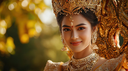 A timeless Thai wedding dress paired with gold jewelry and an intricate headpiece.の素材