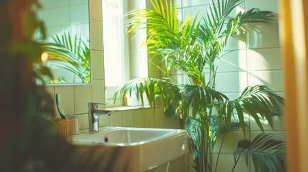 A stylish bathroom featuring a sleek white sink, an illuminated mirror, and lush green plants.の素材