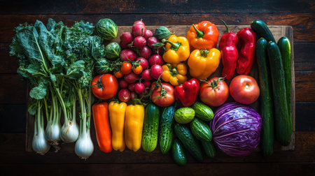 A vibrant selection of organic produce arranged beautifully on a wooden table, ready for meal prep.の素材