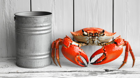 A striking monochrome setting with a vibrant crab and a tin can, creating a bold culinary-inspired visual.の素材