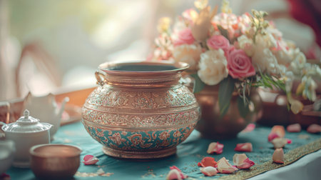 A traditional Thai wedding shoot with cultural accessories and silk fabric.の素材