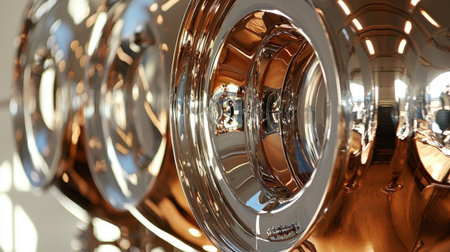 Large, polished steel pressure tanks arranged in an advanced industrial facility, reflecting precision engineering.の素材