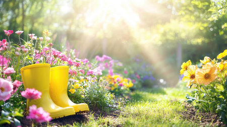 Illustrated garden with a sunlit path, yellow rubber boots, and bright flowers creating a warm and inviting atmosphere.の素材