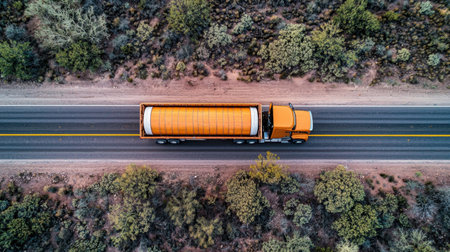 Aerial photography of a logistics truck loaded with cylindrical cargo, moving through a desert road.の素材