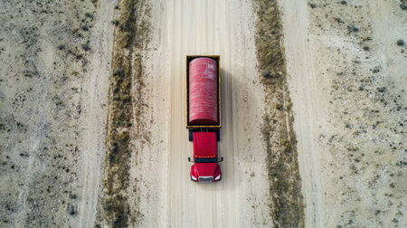 Aerial photography of a logistics truck loaded with cylindrical cargo, moving through a desert road.の素材