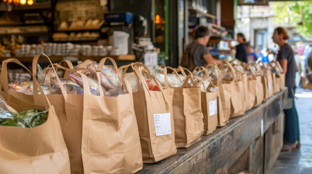 High-quality seafood packed in eco-friendly brown paper bags, ready for market sale.の素材