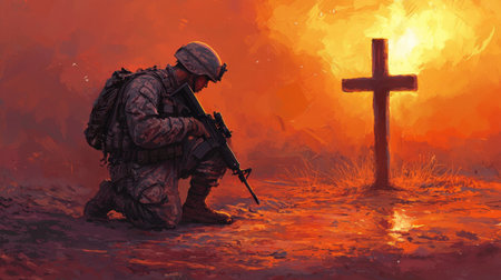 A war-weary soldier kneels before a cross at sunset, the sky painted in fiery shades of red and gold.の素材
