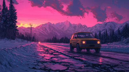 A yellow off-road SUV drives along a cracked road, surrounded by towering mountains and glowing dusk light.の素材