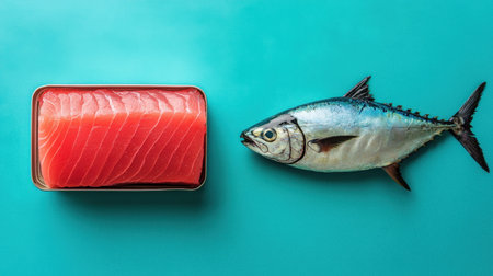 A top-down view of a fresh tuna and a canned version, displayed aesthetically on a vibrant blue background.の素材