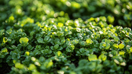 Rows of fresh leafy greens glowing under the golden hues of a sunset, creating a peaceful and natural setting.の素材