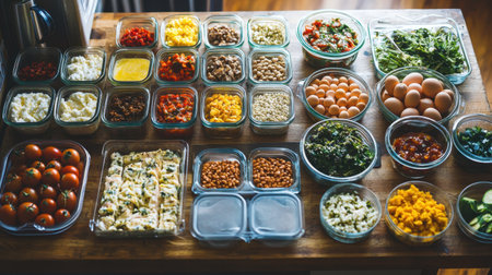 Keto meal prep setup featuring organic meats, eggs, and colorful vegetables on a rustic surface.の素材