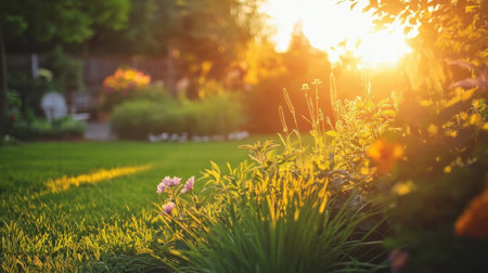 Lush garden beds filled with vibrant greens bask in the golden light of sunset, creating a serene and picturesque scene.の素材