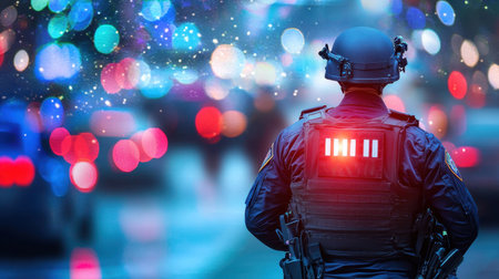 Law enforcement officer scans the surroundings, his tactical vest catching the glow of flashing lights.の素材