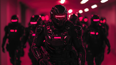 Tactical police unit moves carefully through a city alley, their armor reflecting neon police lights.の素材