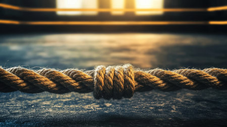 The ropes of an empty boxing ring contrast against dark walls, highlighting the raw energy of the space.の素材