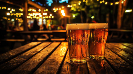 Two frosty glasses of beer sit on a rustic wooden table, illuminated by warm string lights in a lively atmosphere.の素材