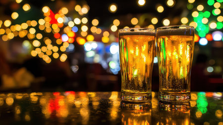Two chilled beers in transparent glasses, reflecting the warm glow of string lights in a lively party setting.の素材