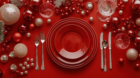 Celebrate the holiday spirit with this elegant Christmas table setting featuring red plates, silver cutlery, and sparkling ornaments, perfect for festive gatherings.の素材