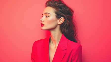 This captivating image features a young woman in a striking pink blazer, showcasing her profile against a vivid pink background, embodying elegance and modern fashion.の素材