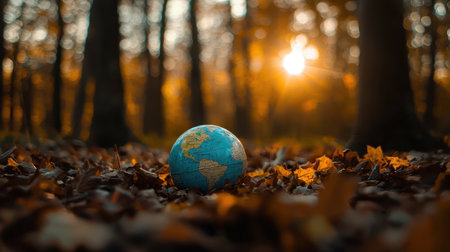 A vibrant globe rests on a bed of colorful autumn leaves in a serene forest, illuminated by warm sunset light, symbolizing nature's beauty and adventure.の素材