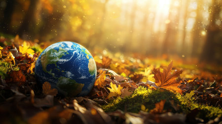 Stunning portrayal of the Earth sphere nestled among autumn leaves in a serene forest, capturing warmth and beauty of seasonal change and nature's delight.の素材
