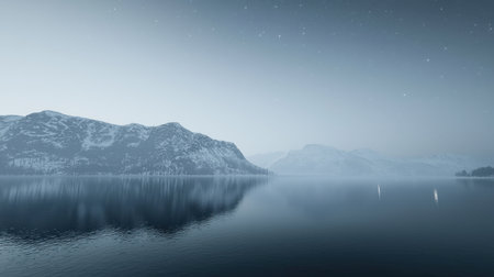 A tranquil winter landscape depicts snow-covered mountains and still waters reflecting stars at dusk, creating a serene and peaceful atmosphere in nature.の素材