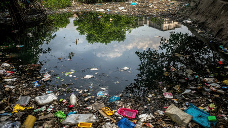 A stark image of pollution in an urban water body, showcasing the litter and waste amidst vibrant greenery, reflecting the surrounding buildings and sky.の素材