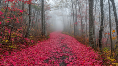 A tranquil pathway covered with fallen red leaves winds through a misty forest, showcasing the enchanting beauty of autumn and evoking a sense of peaceful solitude.の素材