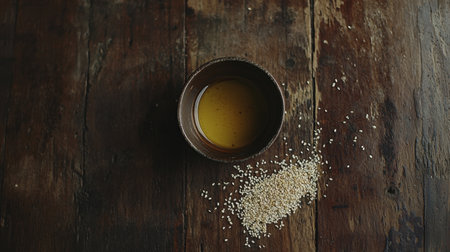 A captivating still life featuring a bowl of golden oil beside scattered sesame seeds, showcasing natural culinary elements on a rustic wooden table.の素材