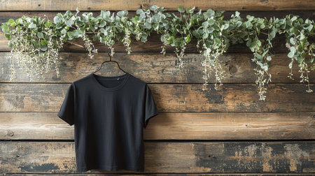 A minimalist black t-shirt hangs gracefully on a rustic wooden backdrop surrounded by lush greenery. This image captures style and simplicity, ideal for fashion projects.の素材