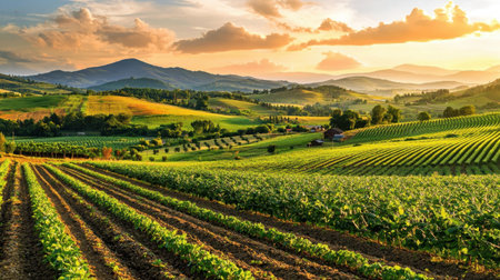 Captivating view of a sunset illuminating rolling hills and expansive vineyards. The lush greenery contrasts beautifully with the majestic mountains in the distance.の素材