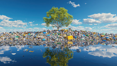 A powerful image depicting a single tree standing strong amidst a vast pile of garbage, reflecting in water below. This scene highlights the pressing environmental issues we face today.の素材