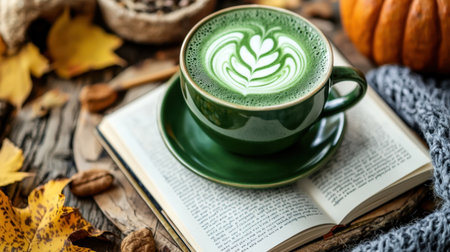 This cozy autumn scene features a green matcha latte in a ceramic cup resting on an open book, accompanied by a pumpkin and scattered nuts amid colorful leaves.の素材