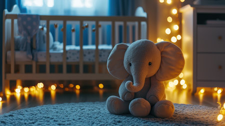A beautifully designed nursery featuring a charming plush elephant toy surrounded by soft glowing lights, evoking a peaceful atmosphere for little ones.の素材