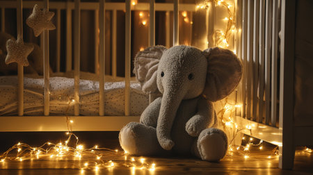 A charming scene featuring a soft elephant toy beside a crib illuminated by fairy lights, creating a heartwarming and cozy atmosphere perfect for a nursery.の素材