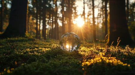 A beautiful crystal sphere captures sunlight as it rests on vibrant moss in a forest clearing during dawn. Stunning beams of light filter through trees, creating a tranquil atmosphere.の素材